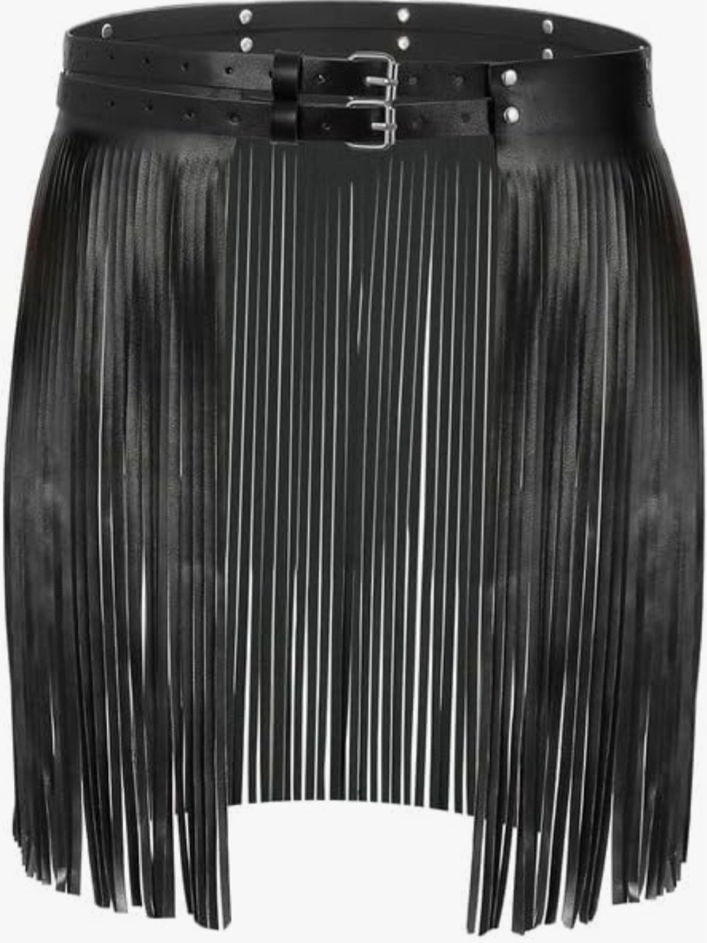 NWT Women's Black Fringe Faux Leather Belted Skirt